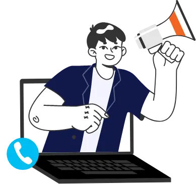 man coming through a laptop holding a megaphone