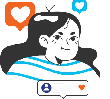 illustrated girl with hearts and like emojis around her