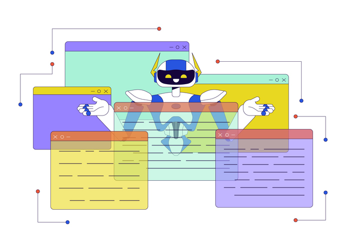 illustrated graphic of an AI bot surfing the internet