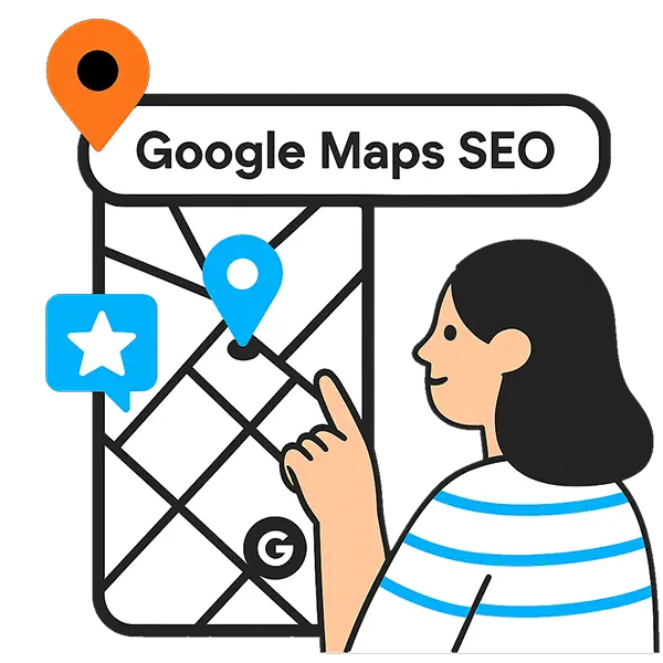google maps seo graphic - illustrated girl pointing at a map on a phone